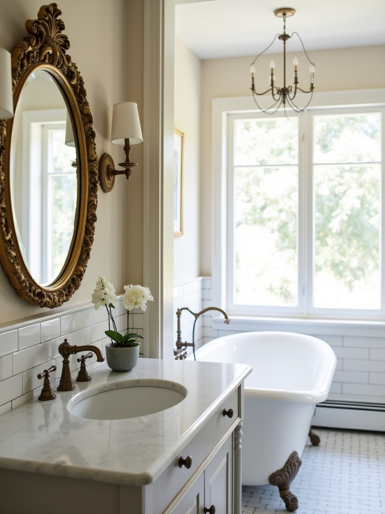 Vintage bathroom remodel featuring a stunning vintage-inspired mirror above a marble vanity.