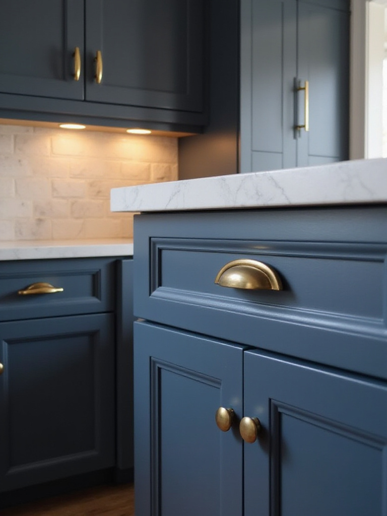 Modern kitchen with dark blue cabinets and brushed brass hardware.
