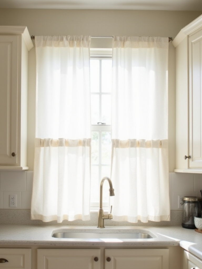 Kitchen window with white linen cafe curtains allowing sunlight to stream in.