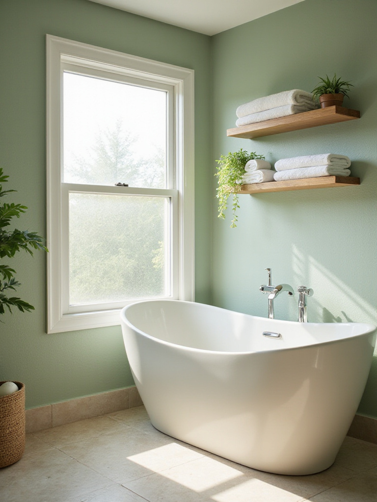 Sage green bathroom with white bathtub and natural wood accents, creating a zen-like atmosphere.