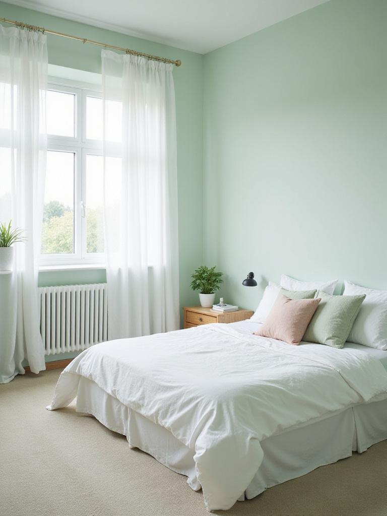 Mint green bedroom with white linen bedding and natural light.