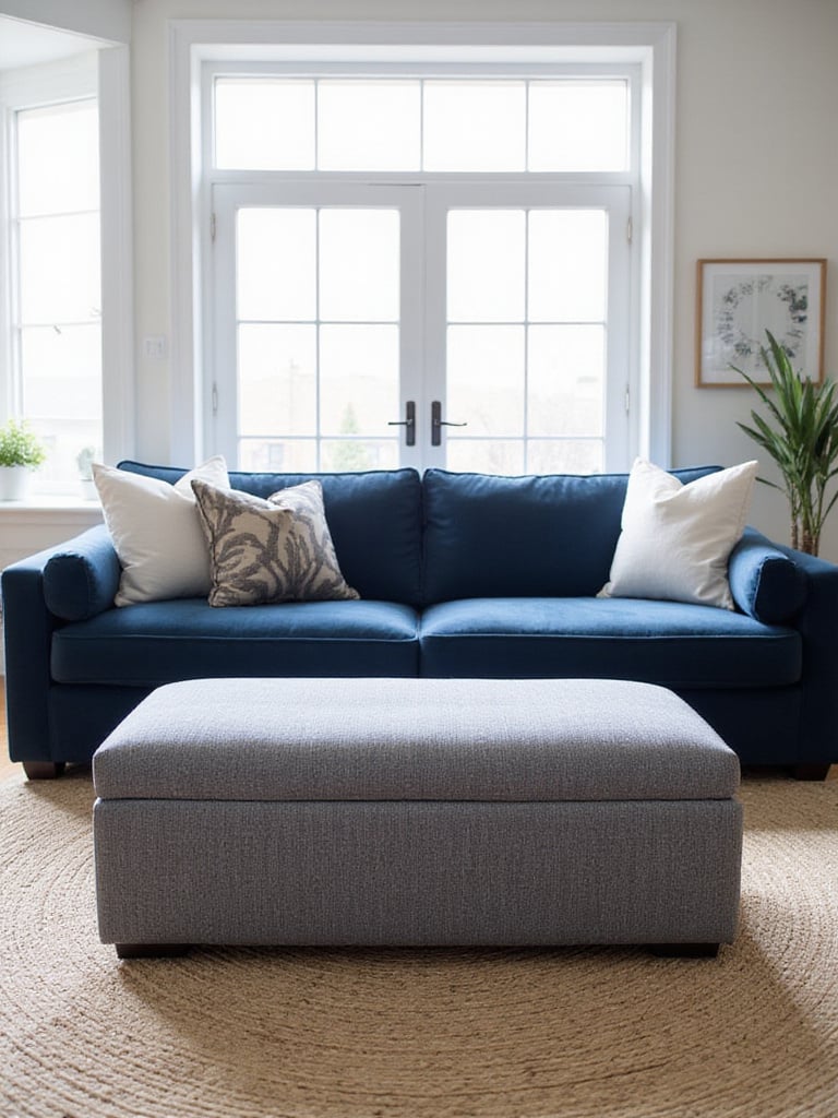 Modern living room with gray ottoman and blue velvet sofa