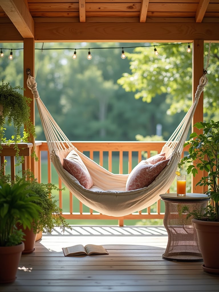 Comfortable hammock on a deck with throw pillows, side table, and string lights for relaxation.