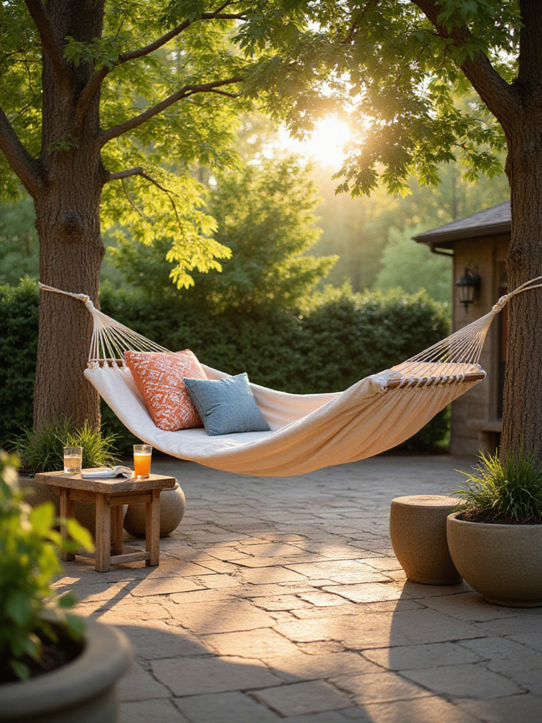 Comfortable hammock hanging on a patio surrounded by lush greenery.