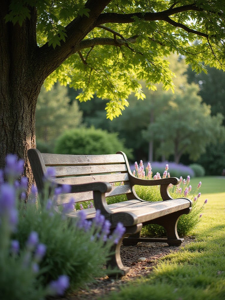Relaxing wooden garden bench surrounded by flowers in a peaceful garden setting.