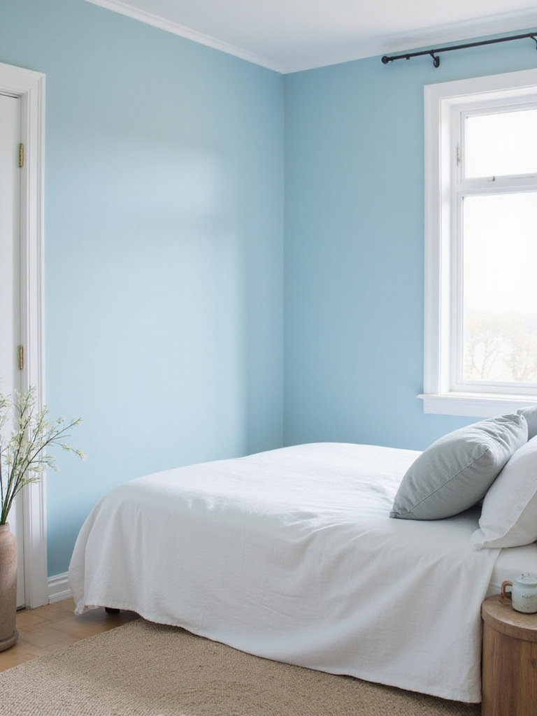 Serene bedroom with sky blue walls, white bedding, and soft morning light.
