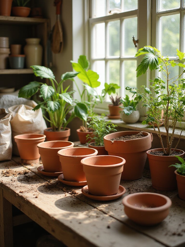 Repotting station with terracotta pots, potting mix, and gardening tools in a bright potting shed.