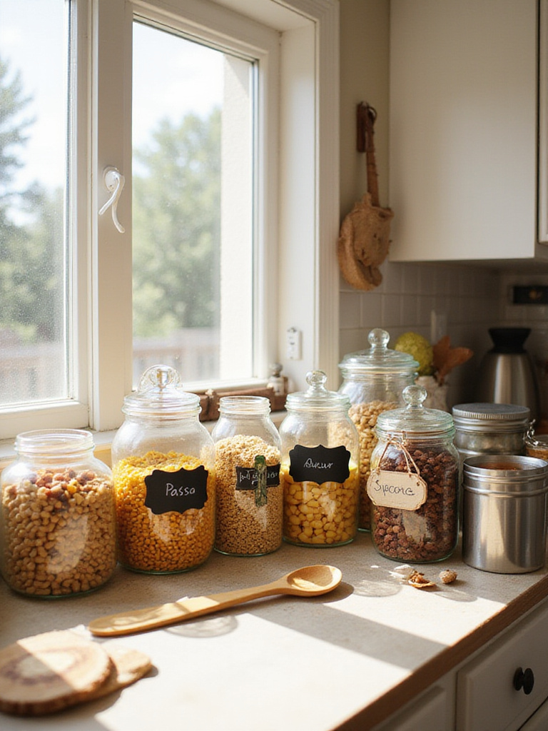 Repurposed jars and containers holding dry goods and spices on a kitchen countertop.