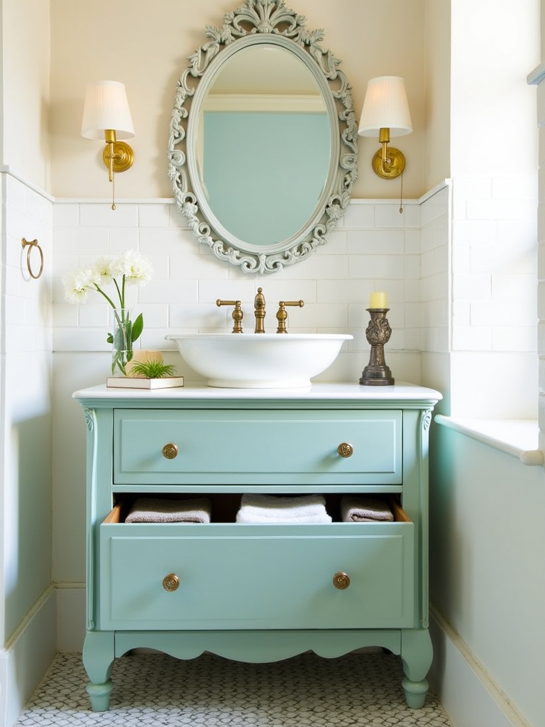 Vintage bathroom with repurposed antique dresser vanity and vessel sink