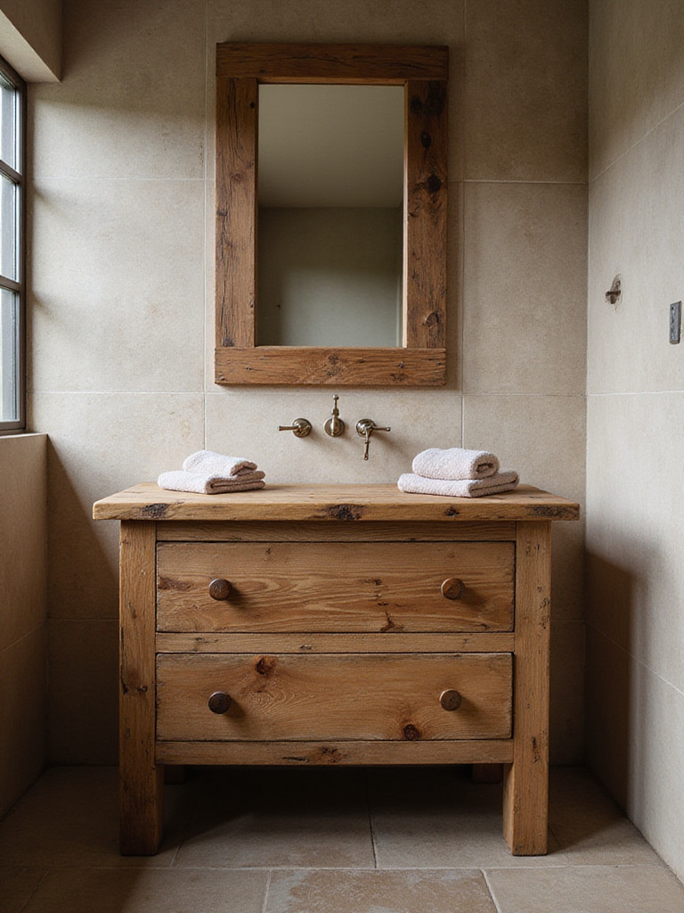 Rustic bathroom vanity made from reclaimed wood with a repurposed wood frame mirror.