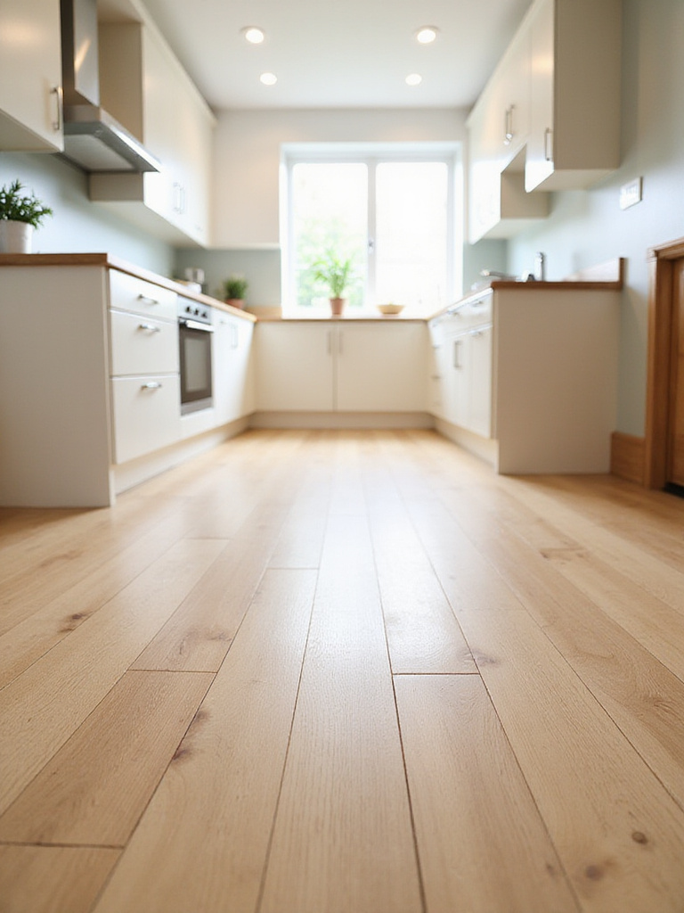 Modern kitchen with light wood-look engineered hardwood flooring.
