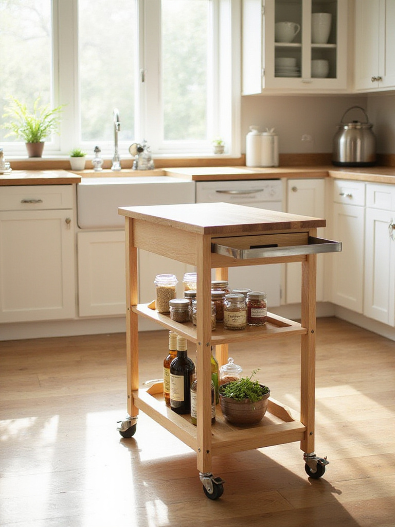 Rolling kitchen cart with butcher block top and storage shelves in a bright kitchen.