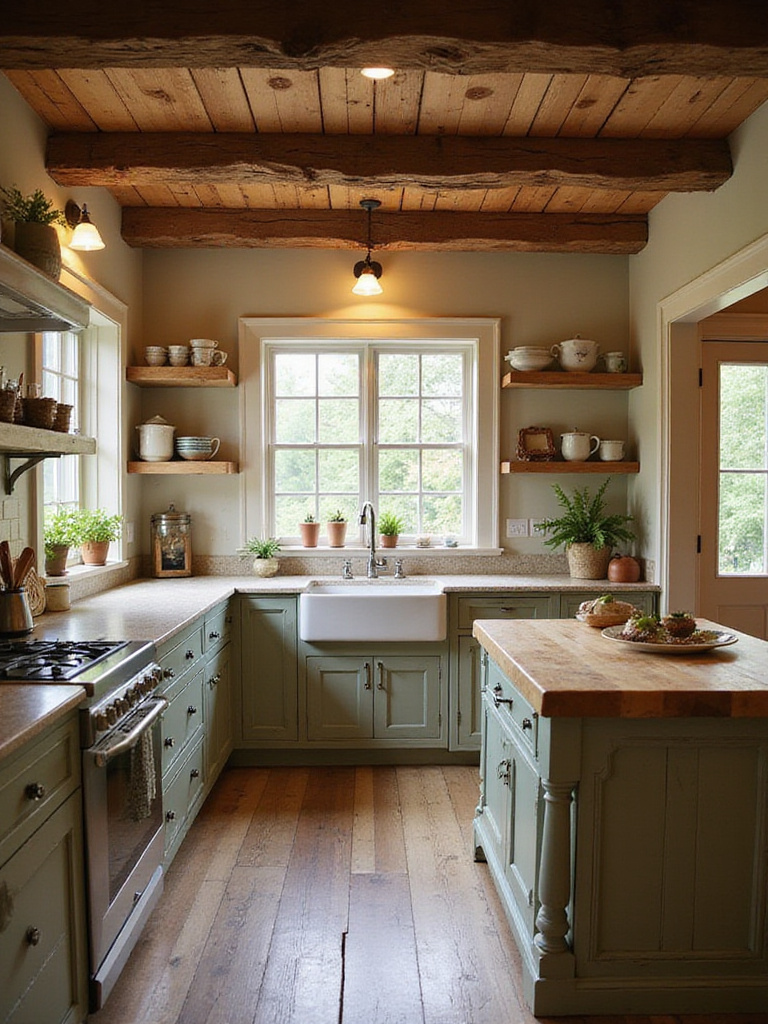 Cozy rustic kitchen with warm wood accents, open shelving, and a butcher block island.