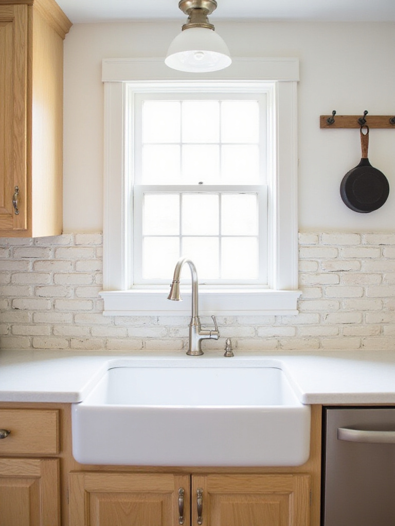 Farmhouse kitchen with creamy white painted brick backsplash