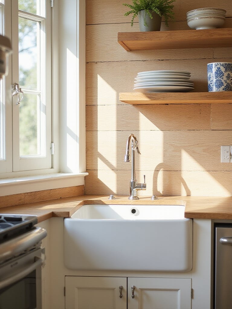 Rustic kitchen with wood plank wallpaper backsplash