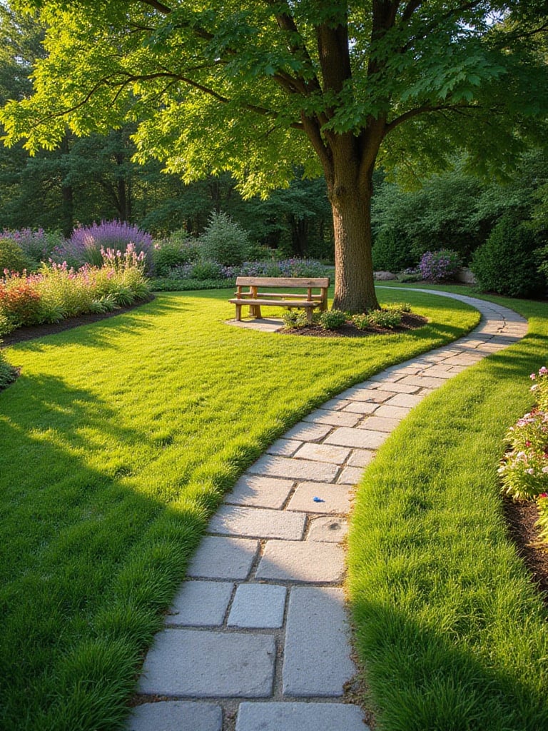 Flagstone walkway winding through a lush lawn garden.