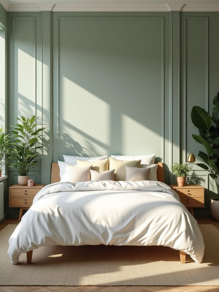 Modern bedroom with sage green geometric wallpaper and calming decor