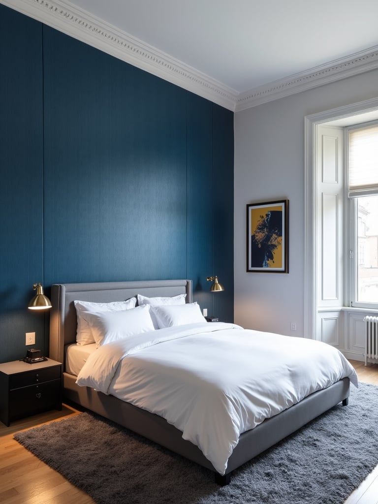 Modern bedroom with deep sapphire blue geometric wallpaper accent wall
