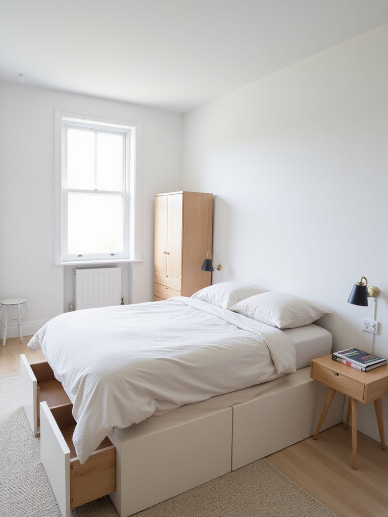 Small bedroom with full-sized bed, floating nightstand, and tall dresser, maximizing space.