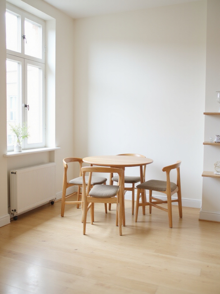 Small dining room with round table and chairs, demonstrating proportionate furniture for maximizing space.