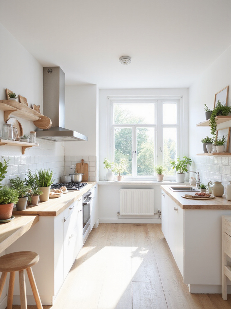 Bright Scandinavian kitchen with light wood cabinets and white walls