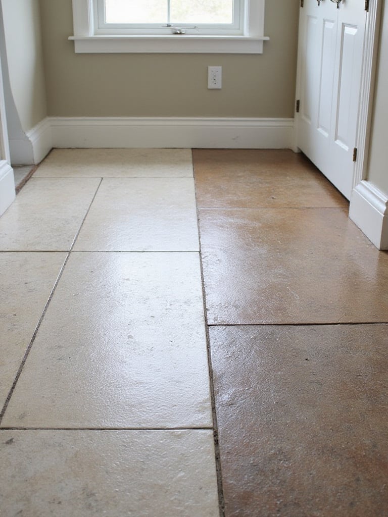 Sealed and unsealed natural stone mudroom floor showcasing the protective benefits of sealant.