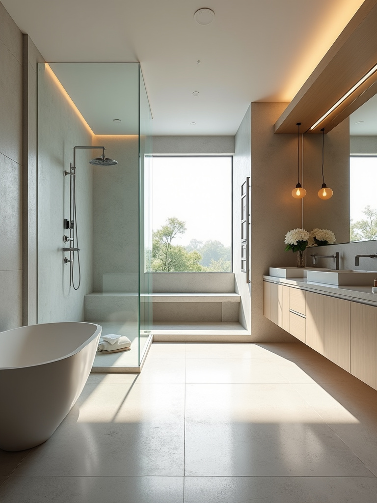 Luxurious modern bathroom with a spacious walk-in shower featuring frameless glass and rainfall showerhead.