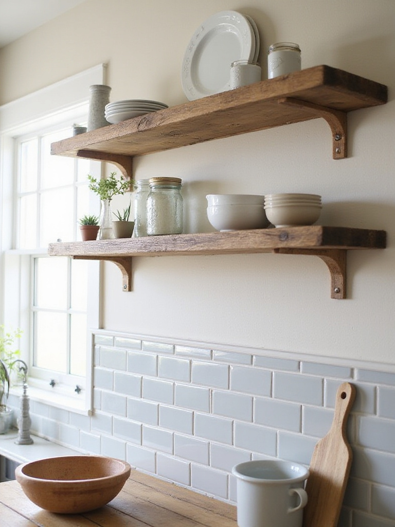 Farmhouse kitchen with light grey subway tile backsplash and reclaimed wood open shelving.