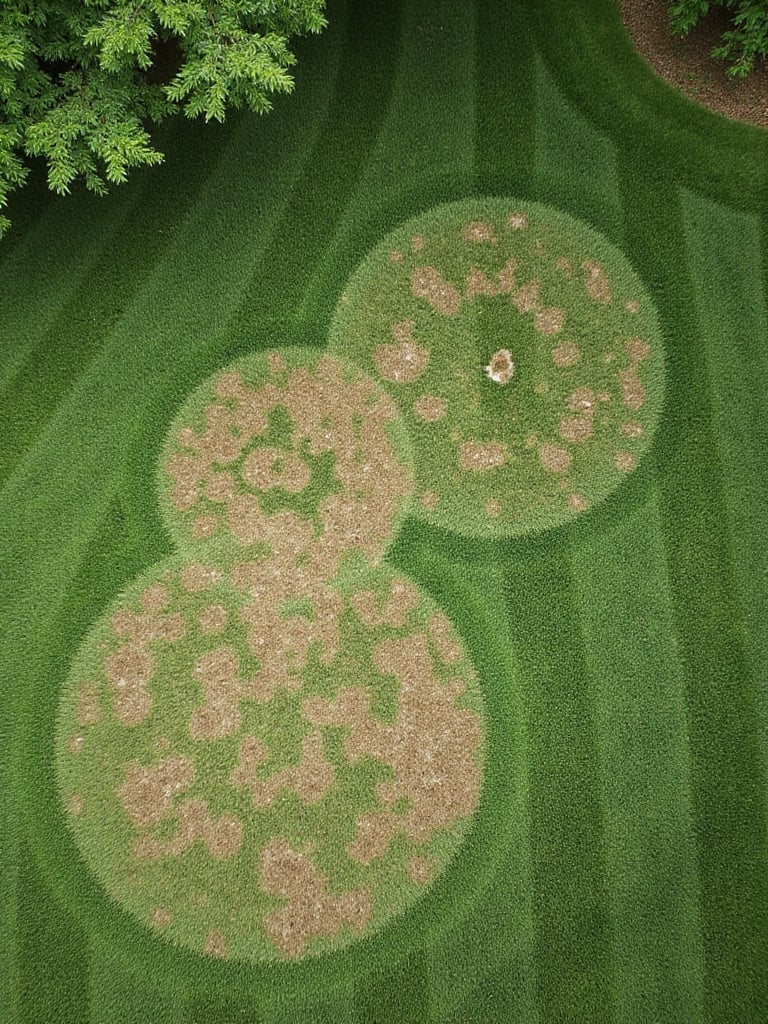 Lawn showing various grass diseases including brown patch, dollar spot, and red thread