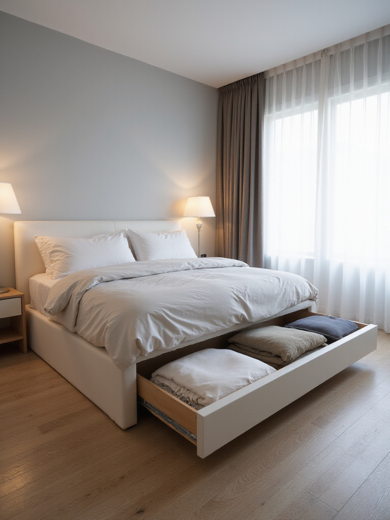 Minimalist bedroom with hidden storage under the bed