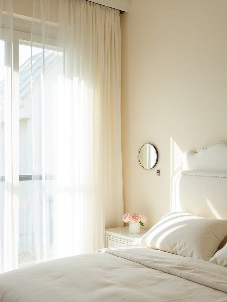 Light beige bedroom with white trim and sheer curtains for a bright and airy feel
