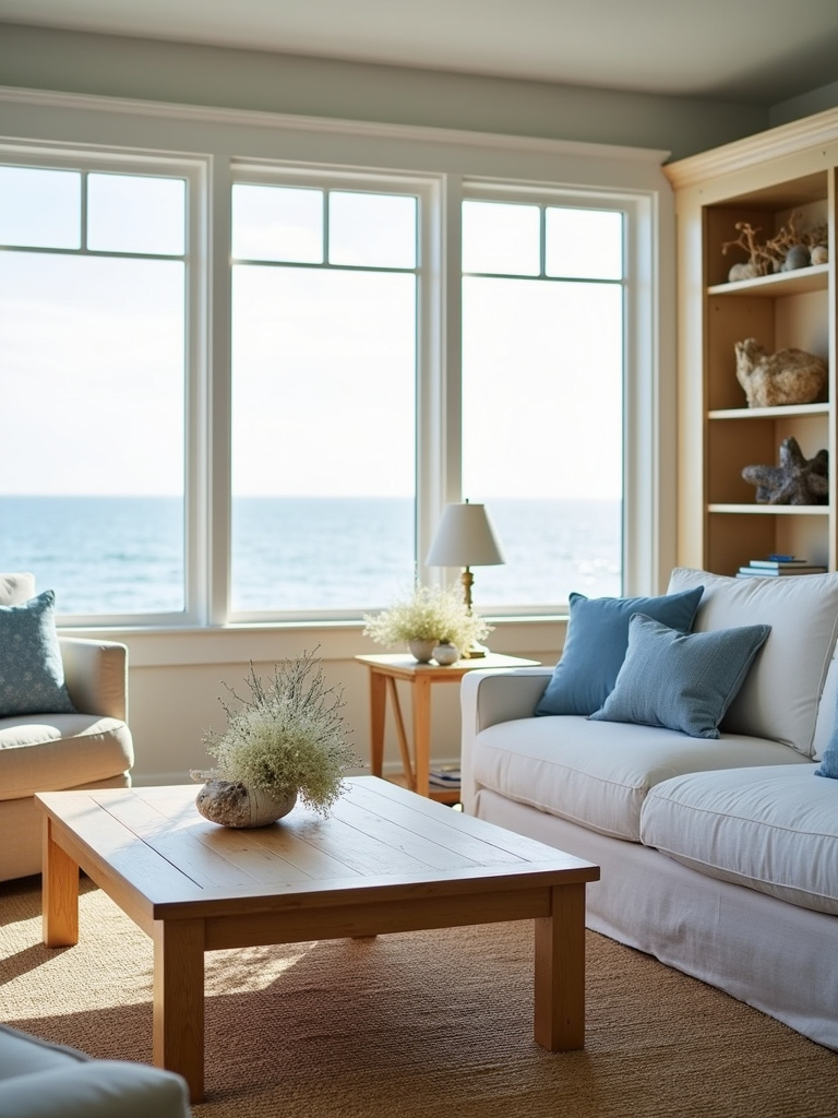 Coastal living room with light-colored wood furniture, enhancing brightness and creating a relaxed beachy atmosphere.