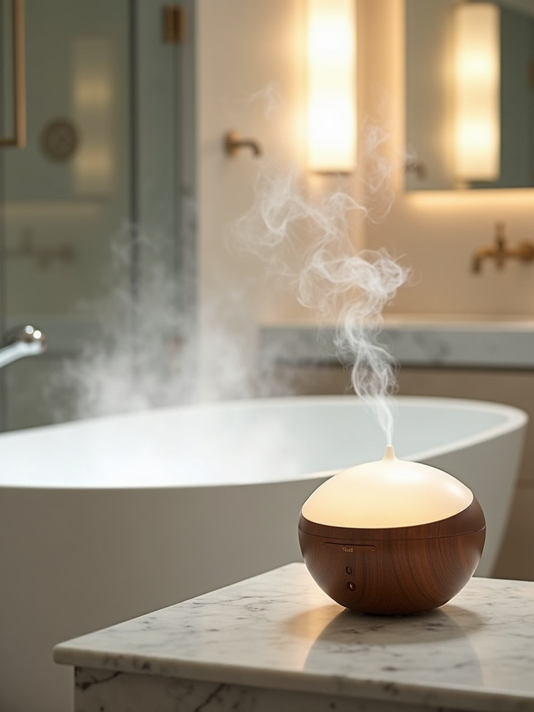 Luxury bathroom with aromatherapy diffuser creating a spa-like experience