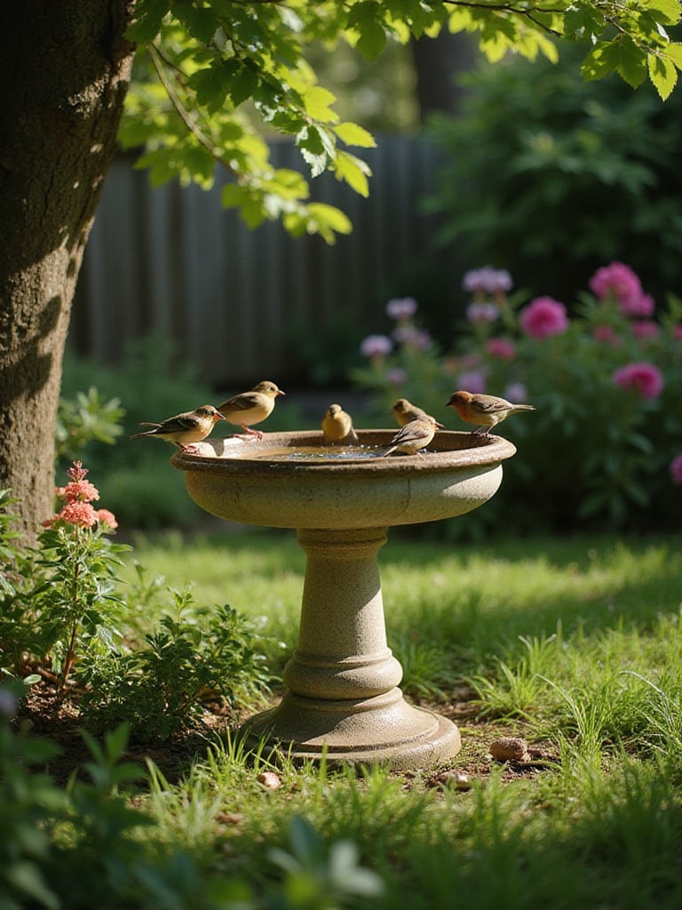 Ceramic bird bath surrounded by flowers in a lush backyard, attracting birds.