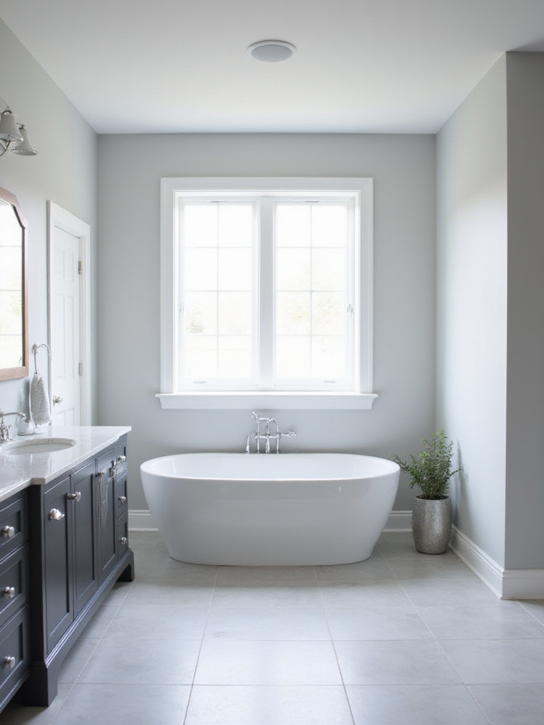 Modern bathroom with light gray walls, white bathtub, and dark gray vanity.