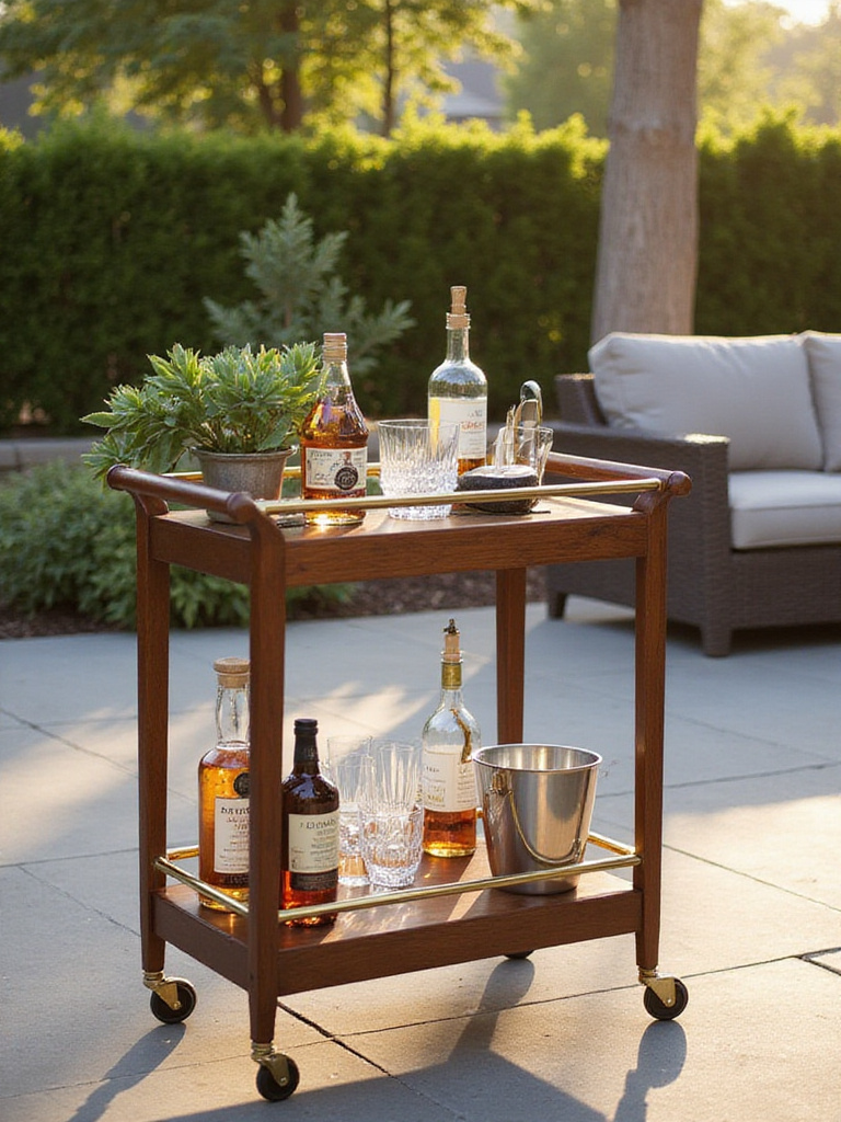 Stylish patio bar cart made of acacia wood with brass accents, holding liquor bottles and glassware.
