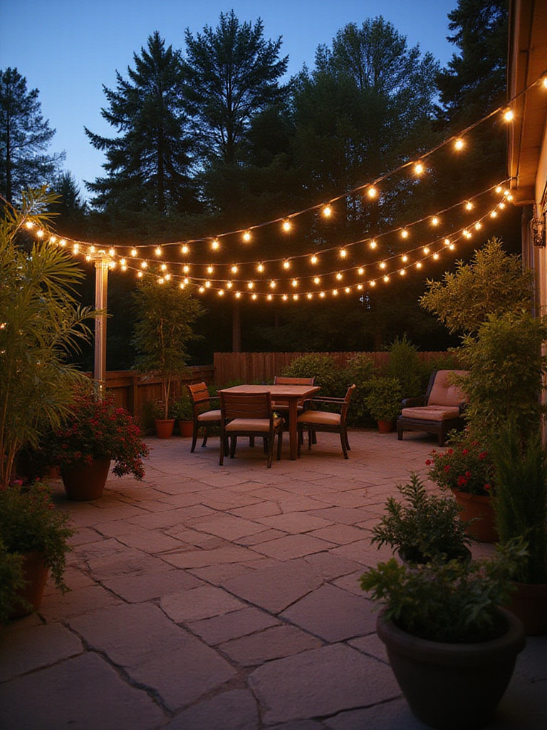 Patio with string lights and fairy lights creating a warm and inviting atmosphere