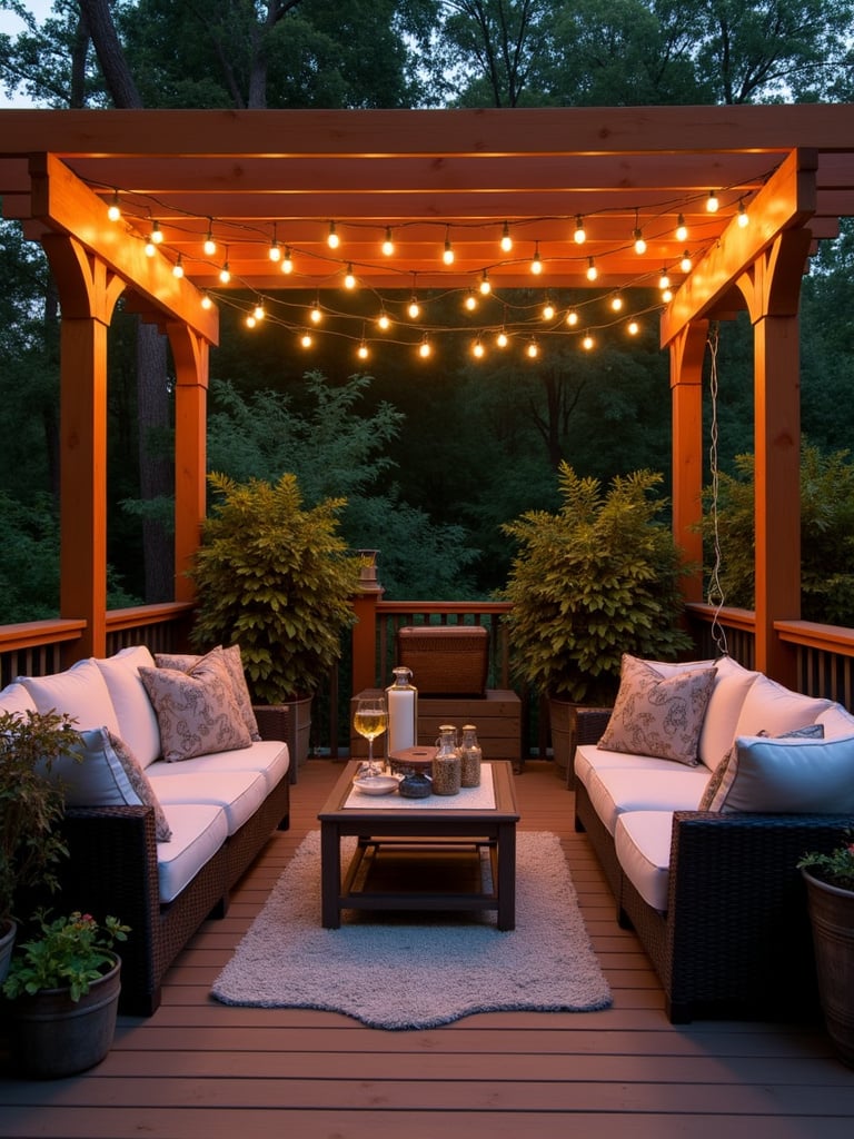 Deck with outdoor speakers and string lights for relaxing atmosphere