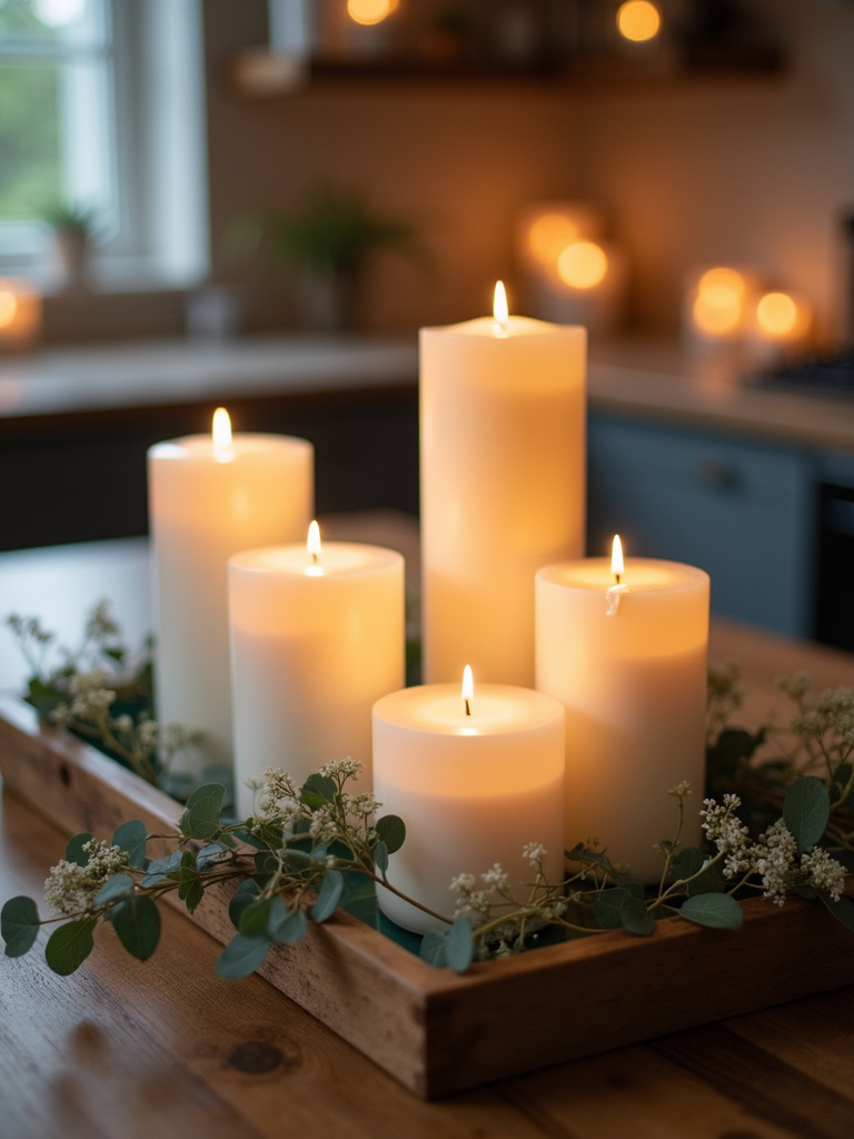 Elegant candlelight centerpiece on a kitchen table with pillar candles, eucalyptus, and white flowers