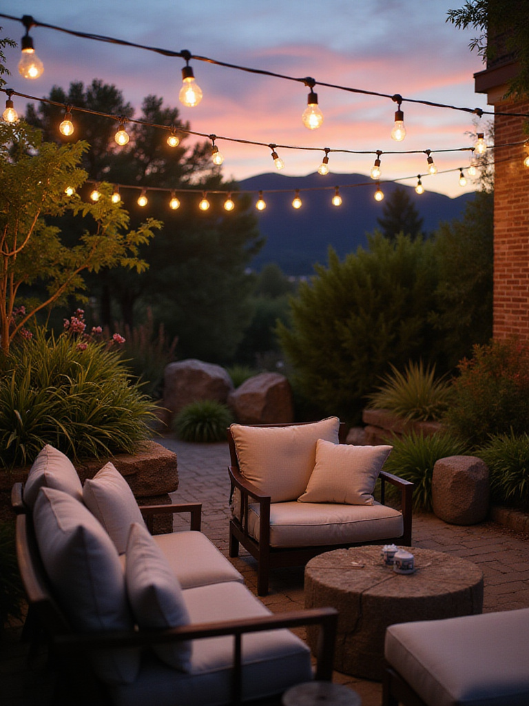 Patio at dusk with rock speakers blending into the landscaping.