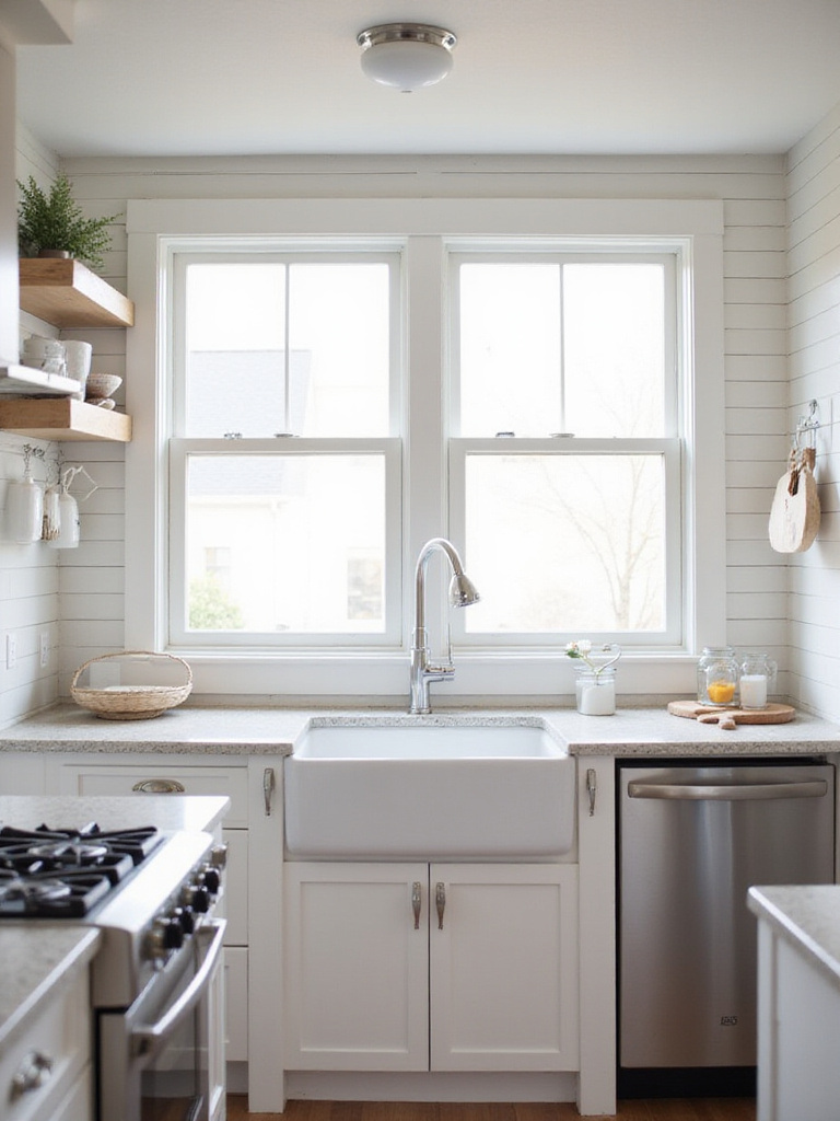 Farmhouse kitchen with white shiplap backsplash