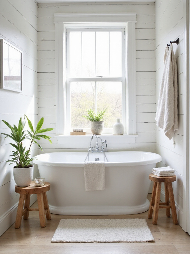 Rustic bathroom with white shiplap walls and a freestanding bathtub