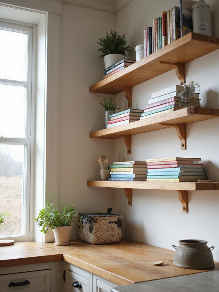 Cookbook display on open shelves in a bright kitchen