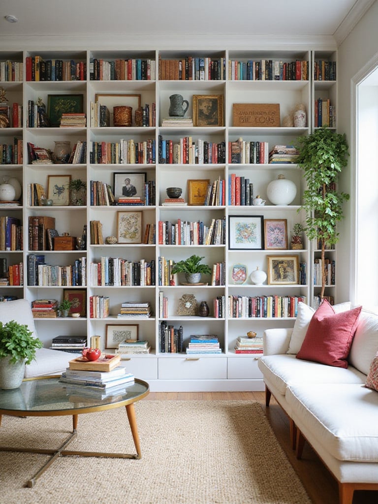 Living room with a bookshelf displaying books, art, and decorative objects.