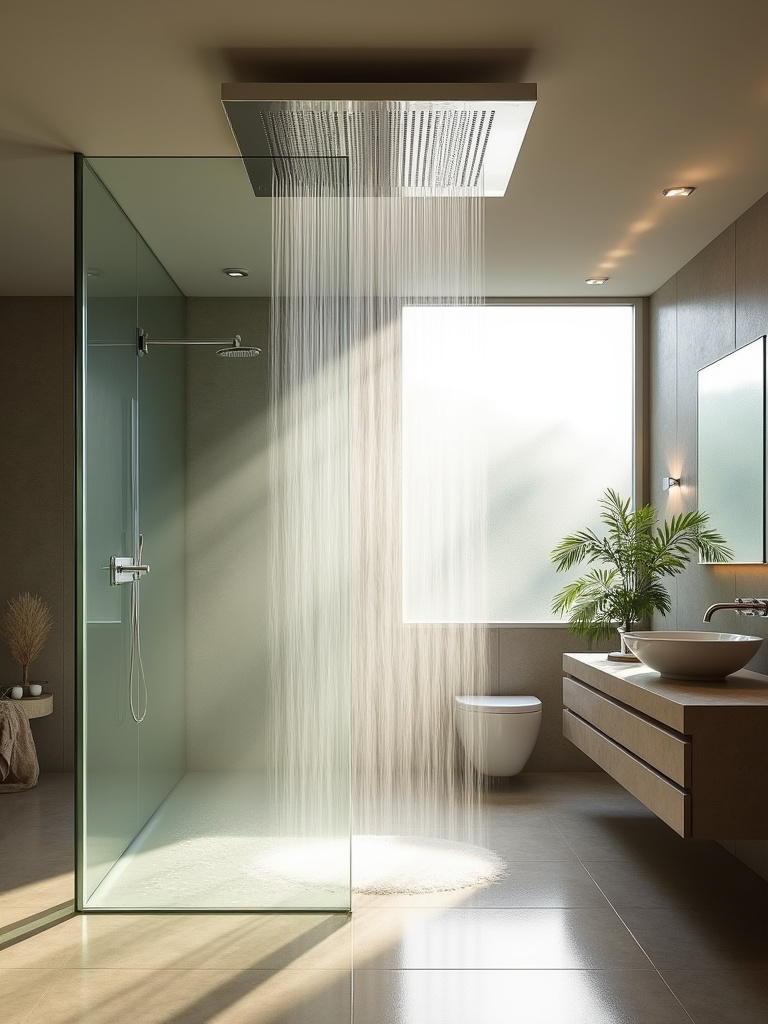 Luxurious bathroom with a ceiling-mounted rainfall shower head providing a spa-like showering experience