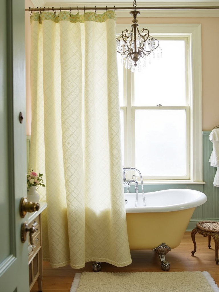 Vintage bathroom with floral fabric shower curtain