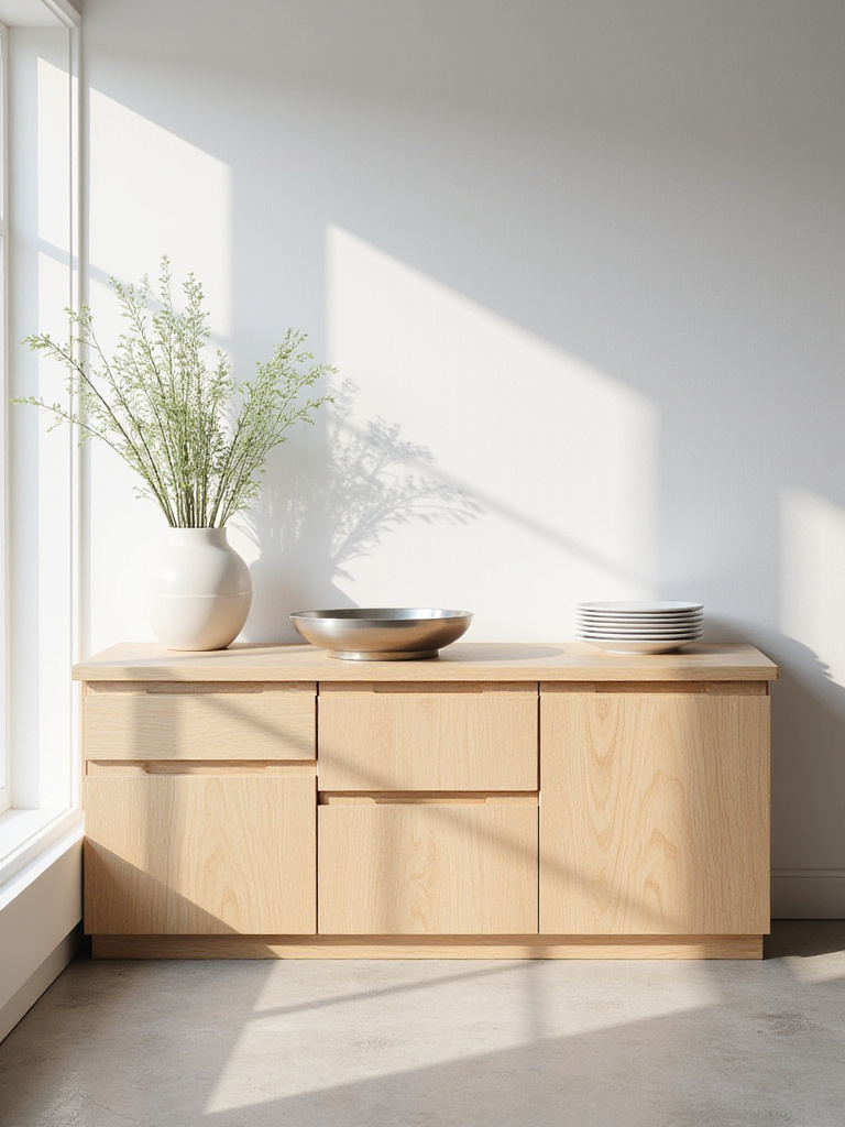 Modern light oak sideboard in a bright kitchen, providing extra storage and serving space.