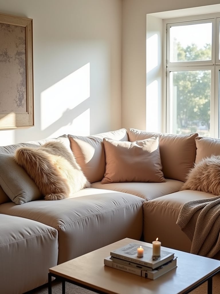 Deep, plush sofa with throw pillows and blanket, creating a cozy living room space.