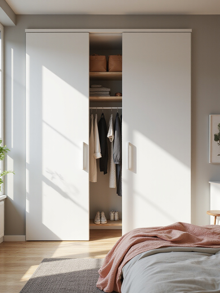 Small bedroom with white sliding closet doors maximizing space and style.