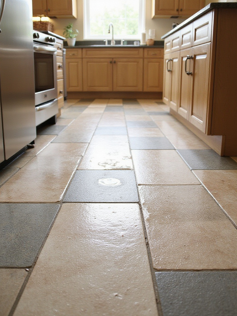 Kitchen floor featuring a variety of slip-resistant tile textures and finishes.